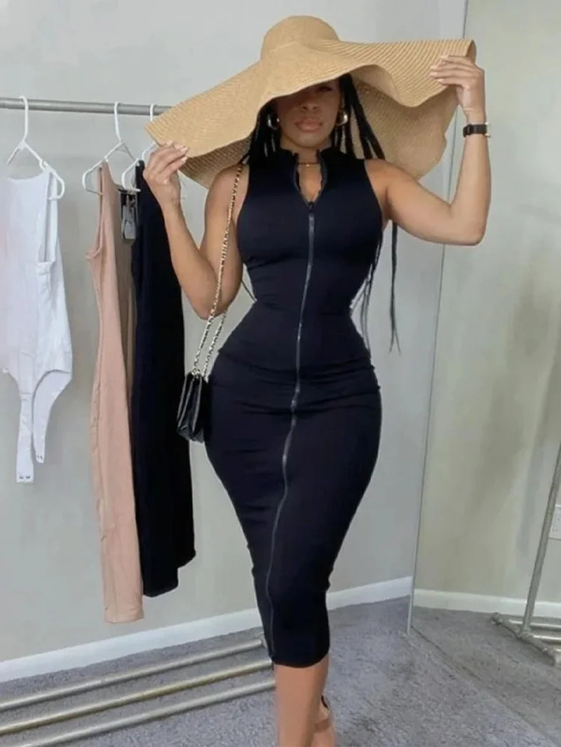 Sexi Night Dress Hot Club Outfits Women One Piece Aesthetic Clothes Sleeveless Bodycon Vestidos De Mujer Zipper Black Streetwear